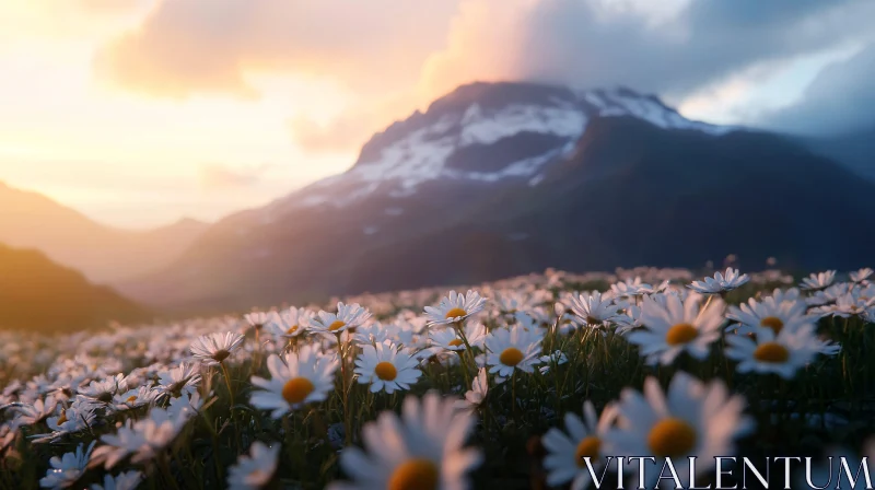 Daisy Field at Dusk with Majestic Mountains AI Image