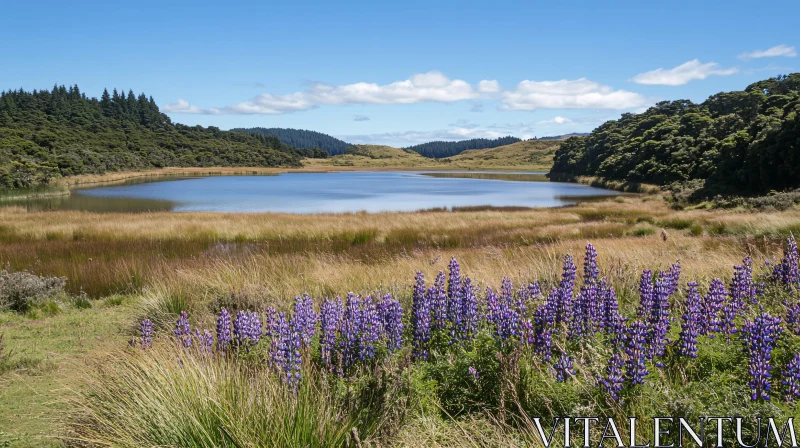 AI ART Tranquil Lake and Vibrant Lupine Flowers