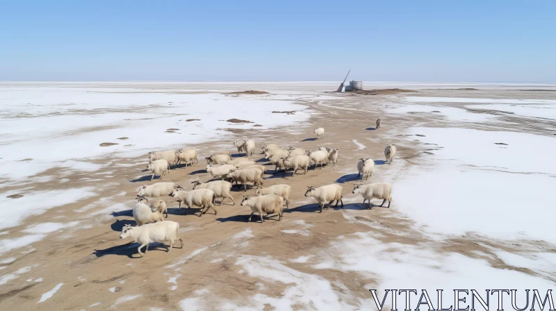 Aerial View of Sheep Flock in Snowy Terrain AI Image