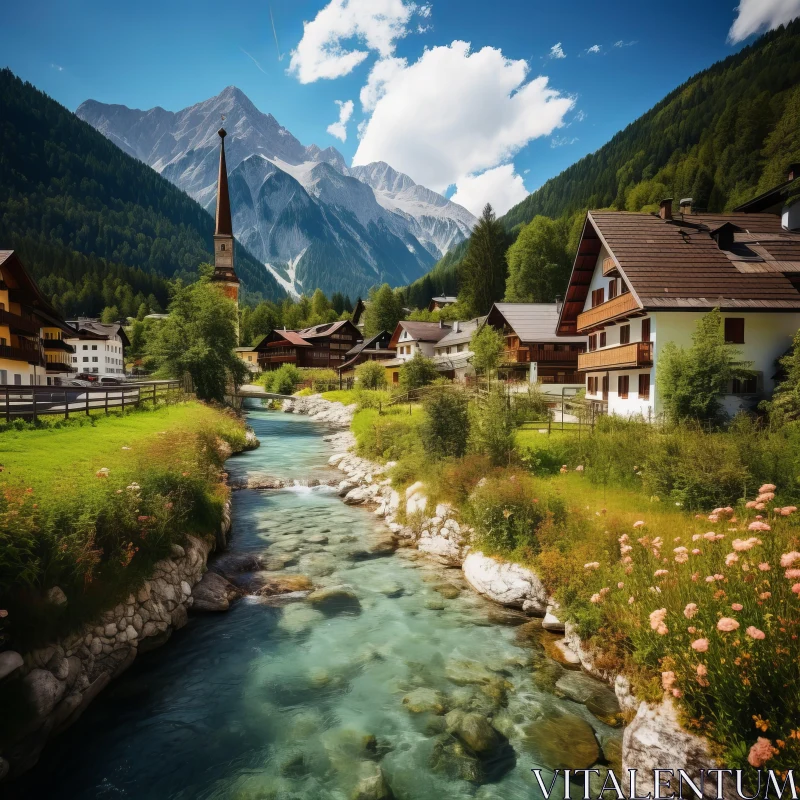 Alpine Village Landscape - A River Through Mountain Village AI Image