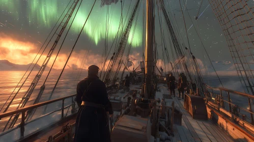 Aurora Borealis Over Ship in Arctic