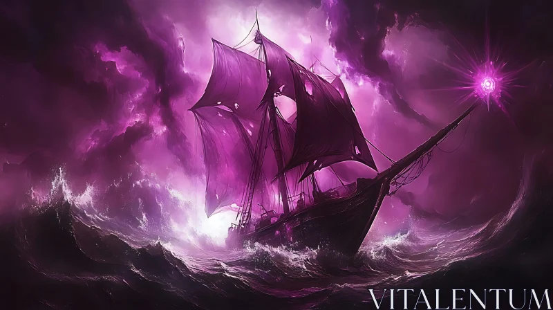 Mystical Ship in a Stormy Purple Ocean AI Image