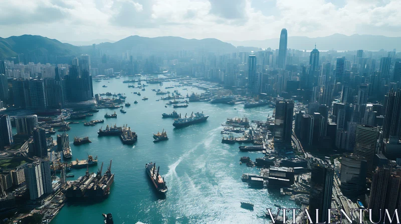 Urban Harbor Aerial with Skyscrapers and Mountains AI Image