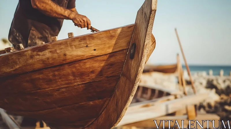 Artisan Working on Wooden Boat – Close-Up View AI Image