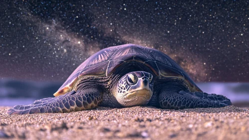 Turtle At Rest On Sand Under Stars