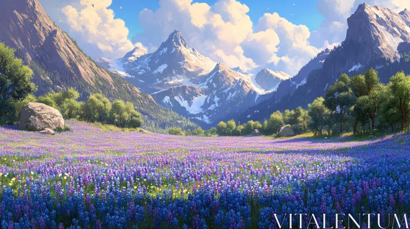 AI ART Alpine Flowers and Snowy Mountains Landscape