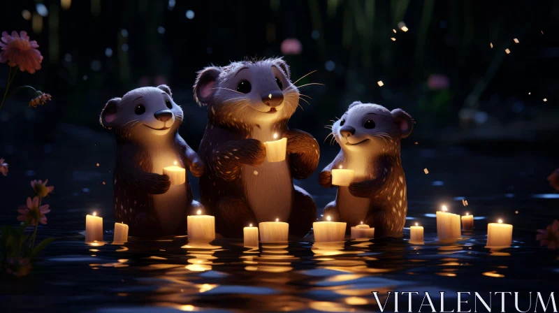Charming Cartoon Animals in Candlelight - A Delightful Nature Scene AI Image