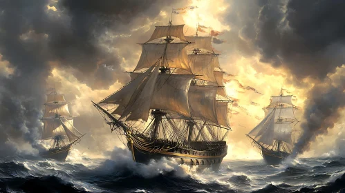 Sailing Ships in a Stormy Ocean Landscape