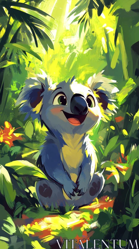 Cheerful Koala Art in Lush Foliage AI Image