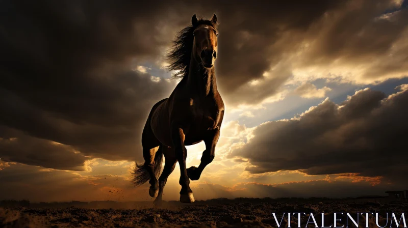 Running Horse Against Stormy Sunset - Equine Artistry AI Image