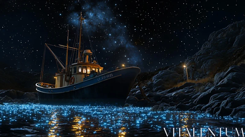 Magical Night Scene with Boat and Bioluminescent Water AI Image