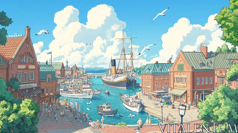 Scenic Harbor with Ships and Traditional Buildings AI Image