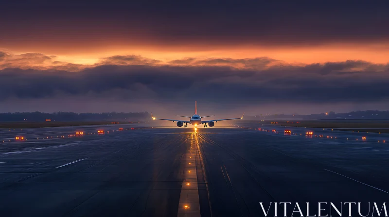 Dusk Landing of Airplane on Illuminated Runway AI Image