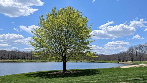 Tranquil Spring Scene with Tree and Lake