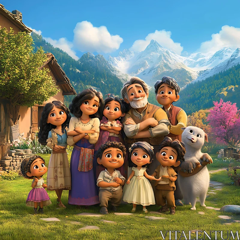 Happy Animated Family in Beautiful Nature AI Image