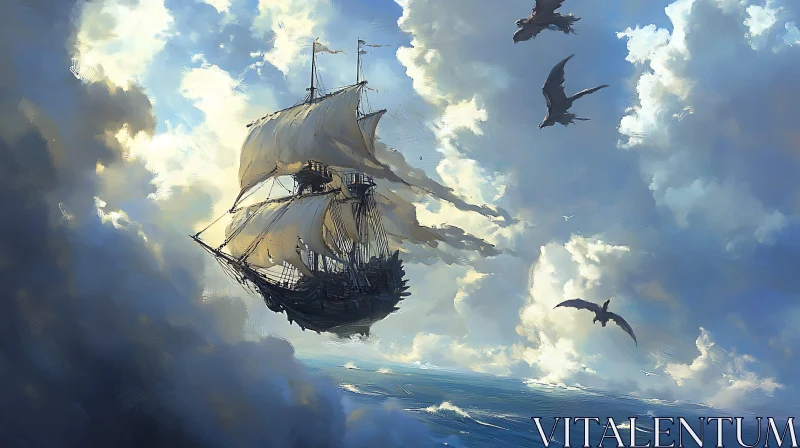 AI ART Skyward Voyage: Ship and Dragons