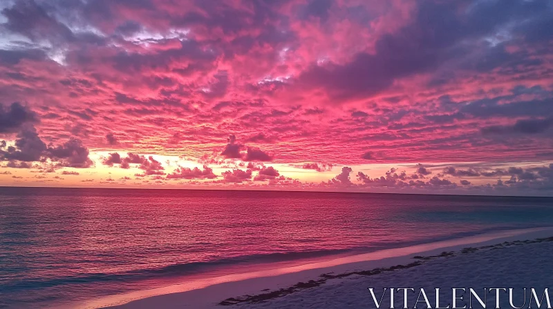 Beautiful Beach Sunset with Pink and Red Sky AI Image