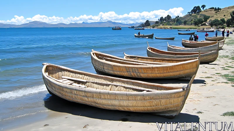 Serene Shoreline with Wooden Boats AI Image