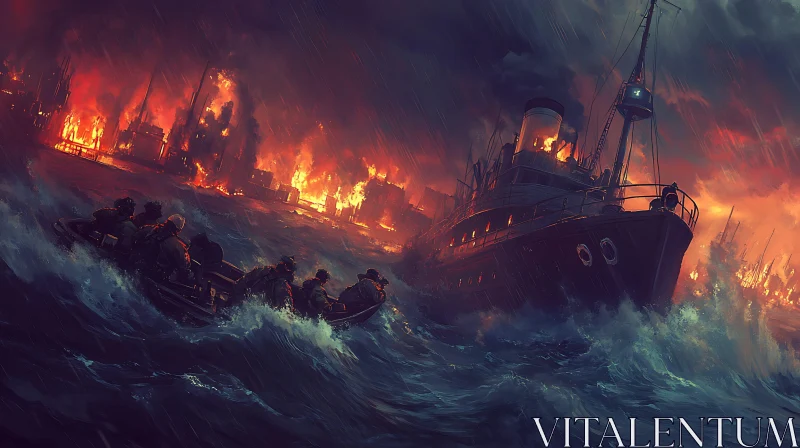 Night Sea Escape Through Storm and Fire AI Image