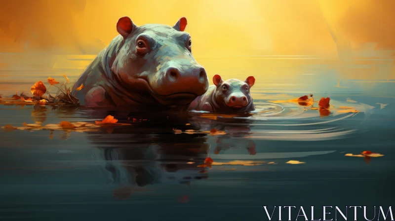 Graceful Hippopotamuses Swimming in Water - Artistic Illustration AI Image