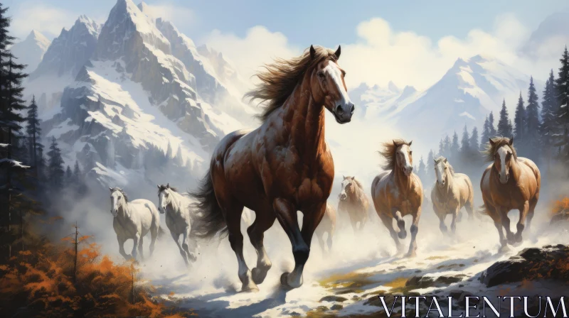 Majestic Horse in Snow-Capped Mountains - A Nostalgic Rural Life Depiction AI Image