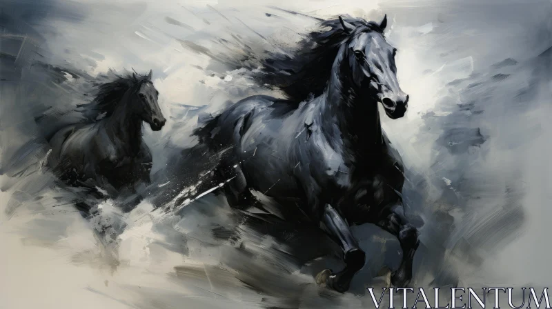 Monochrome Speedpainting of Galloping Black Horses AI Image