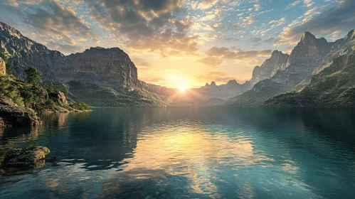 Sunrise Over Tranquil Mountain Lake