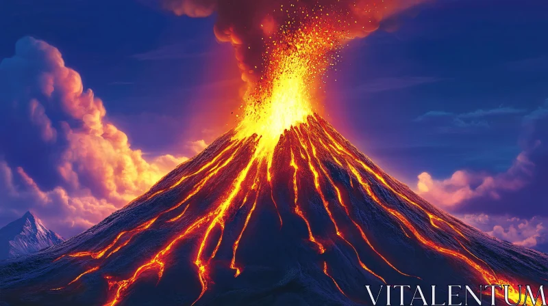 Majestic Volcano in Mid-Eruption with Fiery Lava AI Image