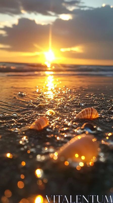 AI ART Golden Sunset at the Shore with Glittering Seashells