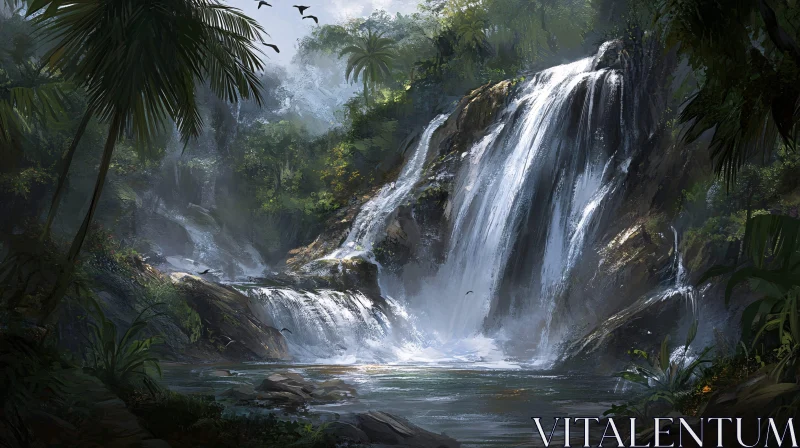 Picturesque Waterfall in a Dense Tropical Forest AI Image