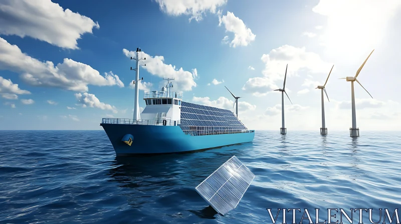 Solar-Powered Ship and Ocean Wind Turbines AI Image