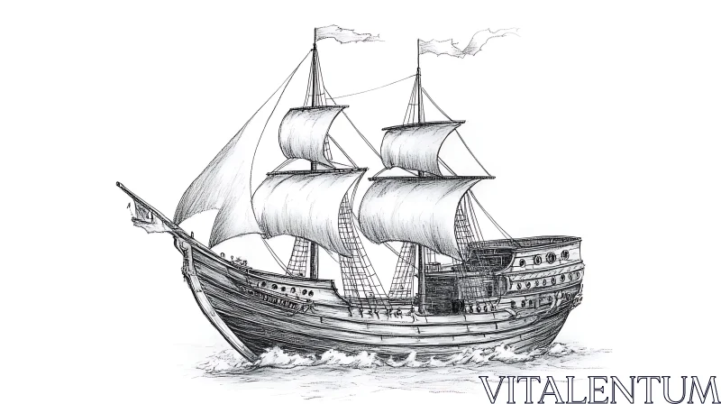 Intricate Drawing of a Historical Sailing Vessel AI Image