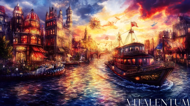 Steampunk River City at Dusk AI Image