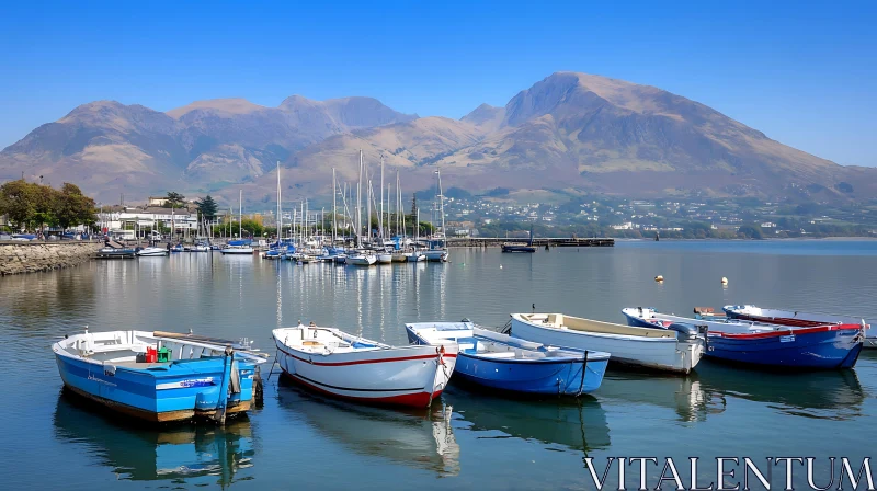 Peaceful Marina with Majestic Mountain Backdrop AI Image