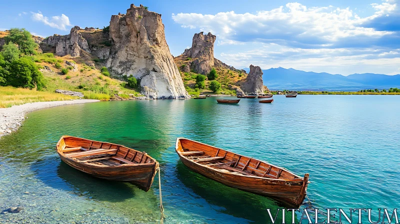 Calm Lake with Anchored Boats and Cliffside Scenery AI Image