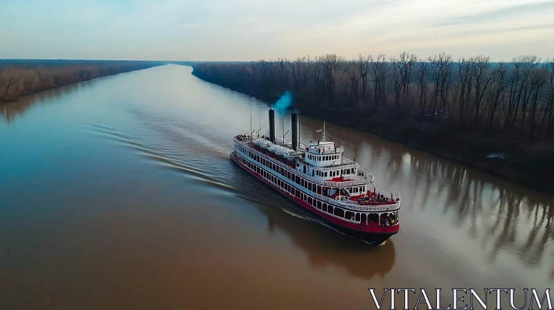 Peaceful Steamboat Cruise through Calming River Landscape AI Image