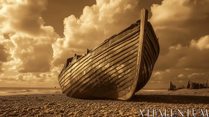 Vintage Boat on Cloudy Beach AI Image