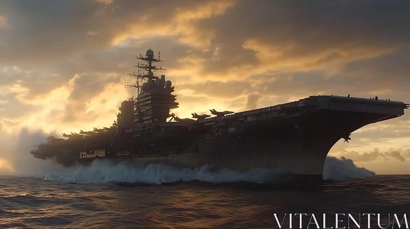 Sunset Seascape with Imposing Aircraft Carrier AI Image