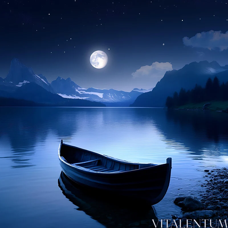 Moonlit Lake Scene with Boat and Mountain View AI Image