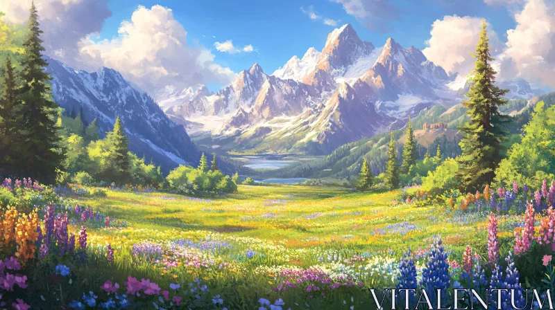 AI ART Scenic Landscape with Wildflowers and Mountains