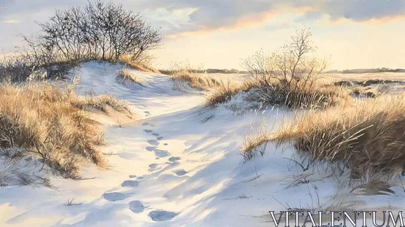 AI ART Footprints in the Snow at Sunset