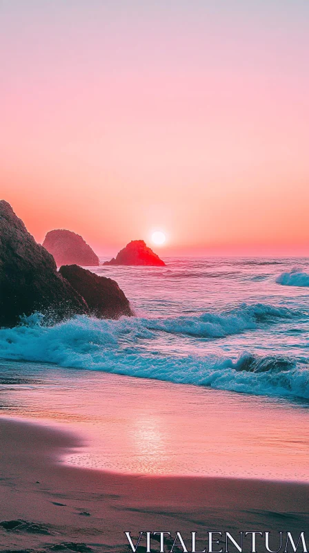 Gorgeous Beach Sunset with Radiant Sky and Waves AI Image