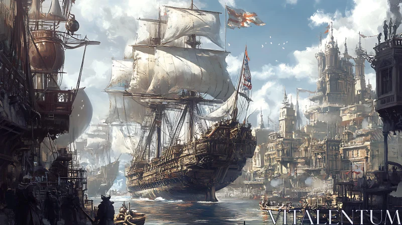 Bustling Harbor with Majestic Ships AI Image