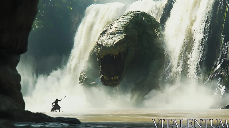 Warrior's Stand Against Mystical Beast at Waterfall AI Image