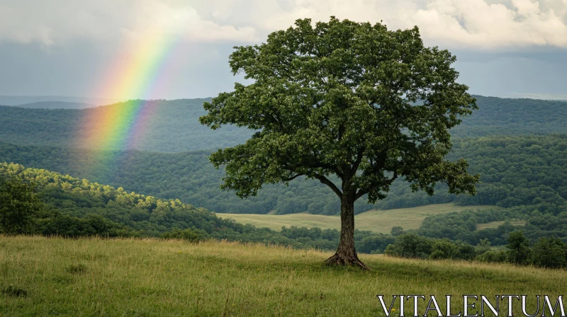 AI ART Beautiful Nature Landscape with Tree and Rainbow