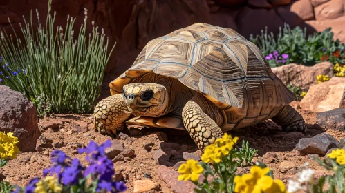 Turtle in Rocky Desert with Vibrant Flowers