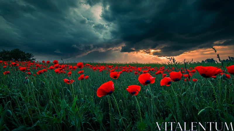 Vibrant Poppies Amidst Dark Storm Clouds AI Image