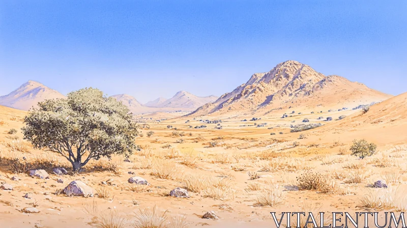 AI ART Desert Scene with Mountains and Sparse Vegetation