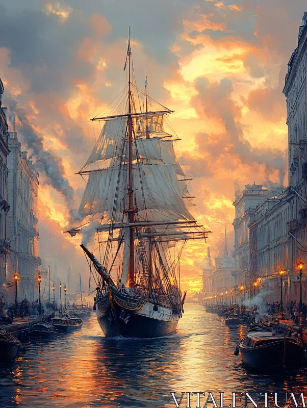 Sailboat Navigating Sunset Canal AI Image