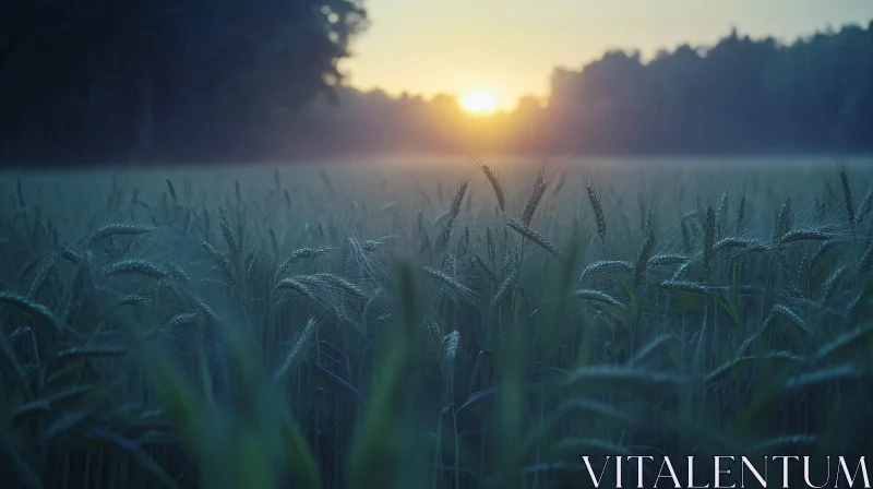 Misty Morning in a Wheat Field at Sunrise AI Image